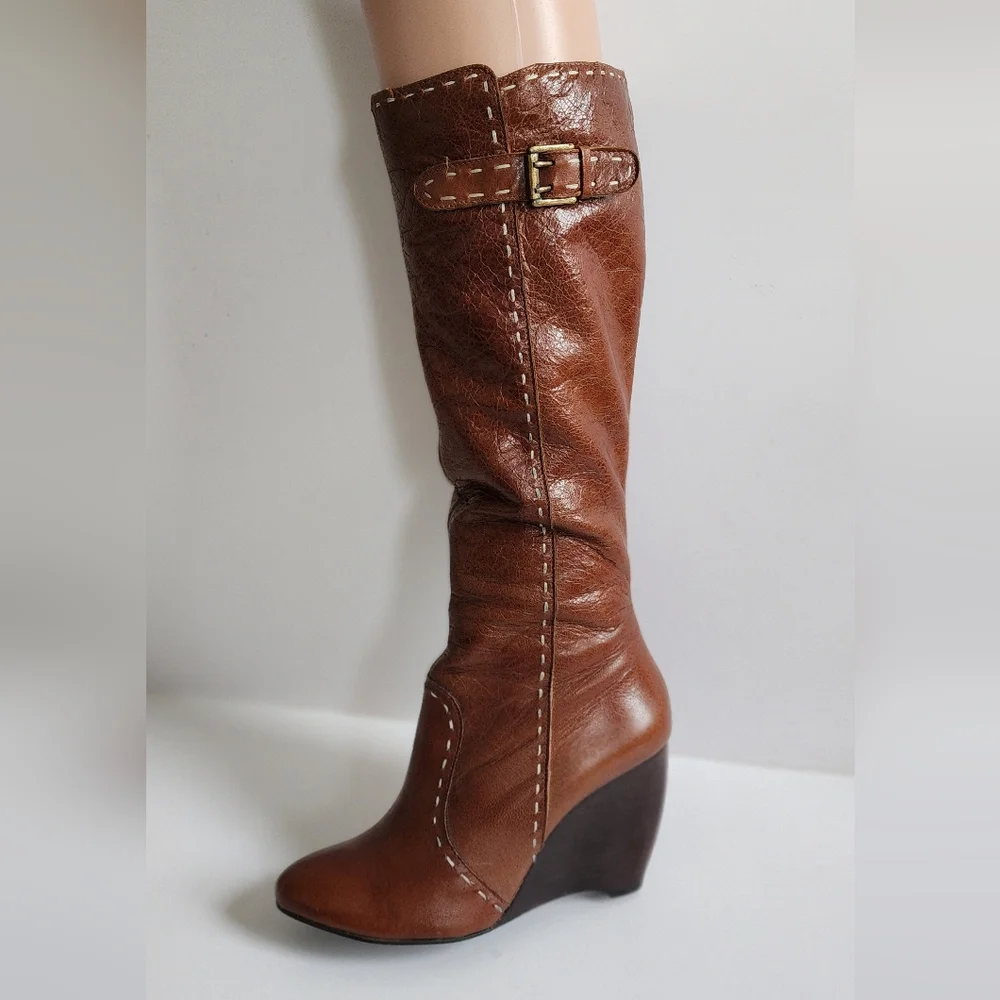 DIBA BOOTS COGNAC BROWN WEDGE HEEL  KNEE HIGH ALMOND TOE BUCKLE LEATHER 7 - Picture 2 of 16